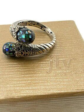 Sarda Ring Mosaic Abalone Sterling Silver Bypass Adjustable size 8-11 Bali Cable